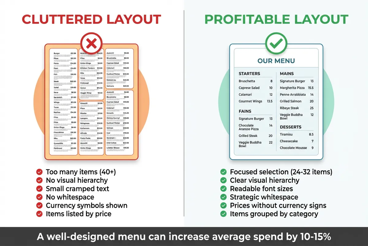 Side-by-side comparison of a crowded menu layout versus a profitable menu layout with visual hierarchy and strategic whitespace