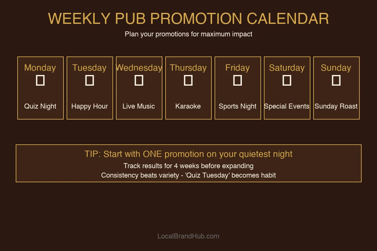Weekly pub promotion calendar showing themed nights from Monday to Sunday