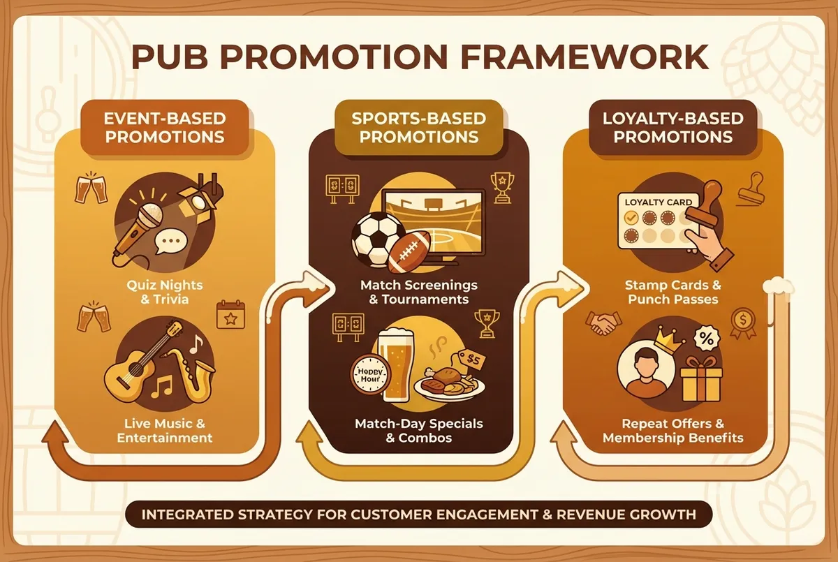 Pub promotion ideas framework showing event, sports, and loyalty tactics