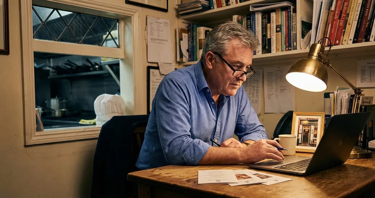 Restaurant owner responding to restaurant reviews on tablet during a quiet moment