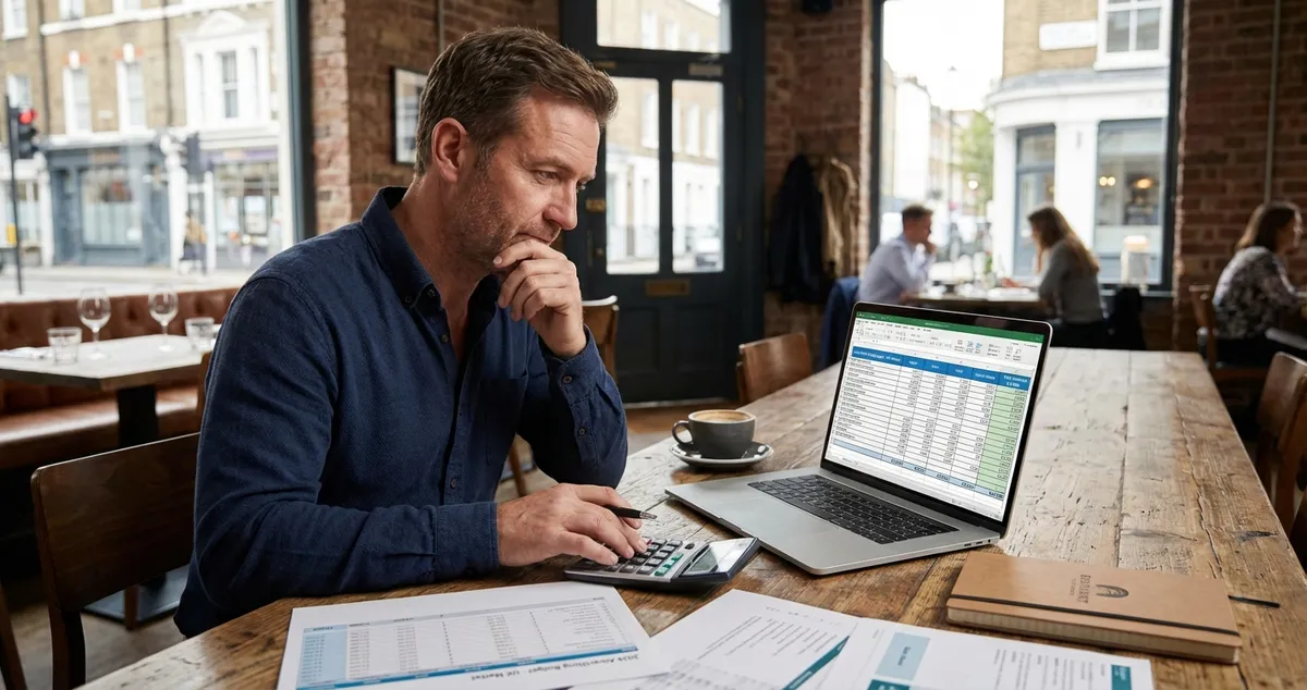 UK restaurant owner reviewing advertising budget on laptop