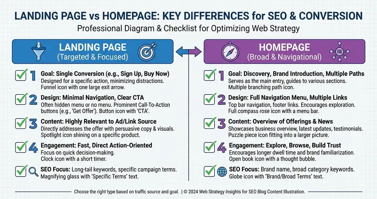 Side-by-side comparison of restaurant homepage vs dedicated landing page