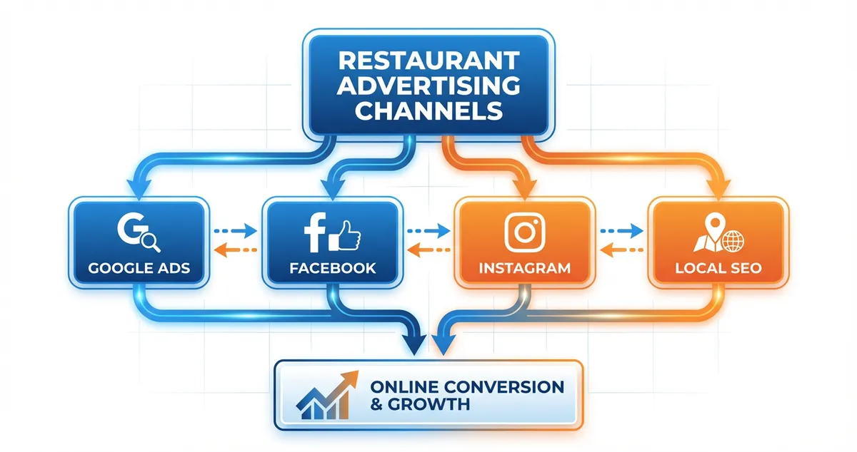 Diagram showing restaurant advertising channels: Google, Facebook, Instagram, Local SEO
