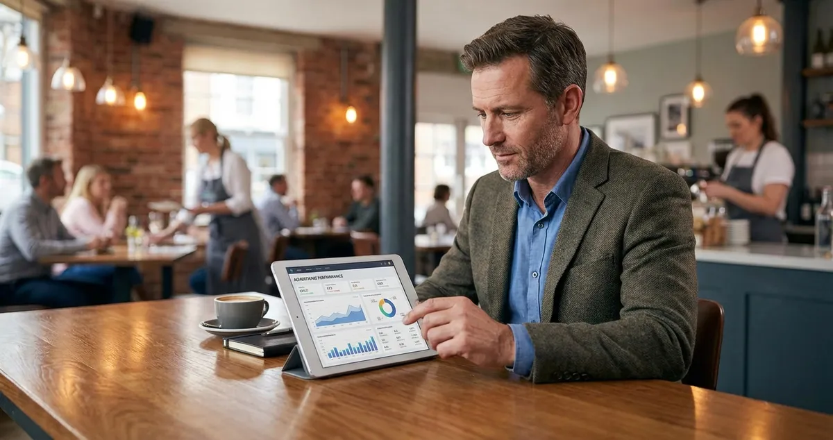 Restaurant owner reviewing advertising performance on tablet