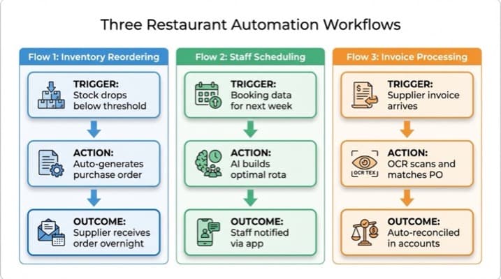 Three restaurant automation workflows: inventory reordering, scheduling, and invoicing