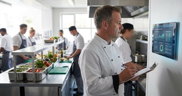 UK restaurant owner reviewing automation software dashboard on a tablet in a kitchen