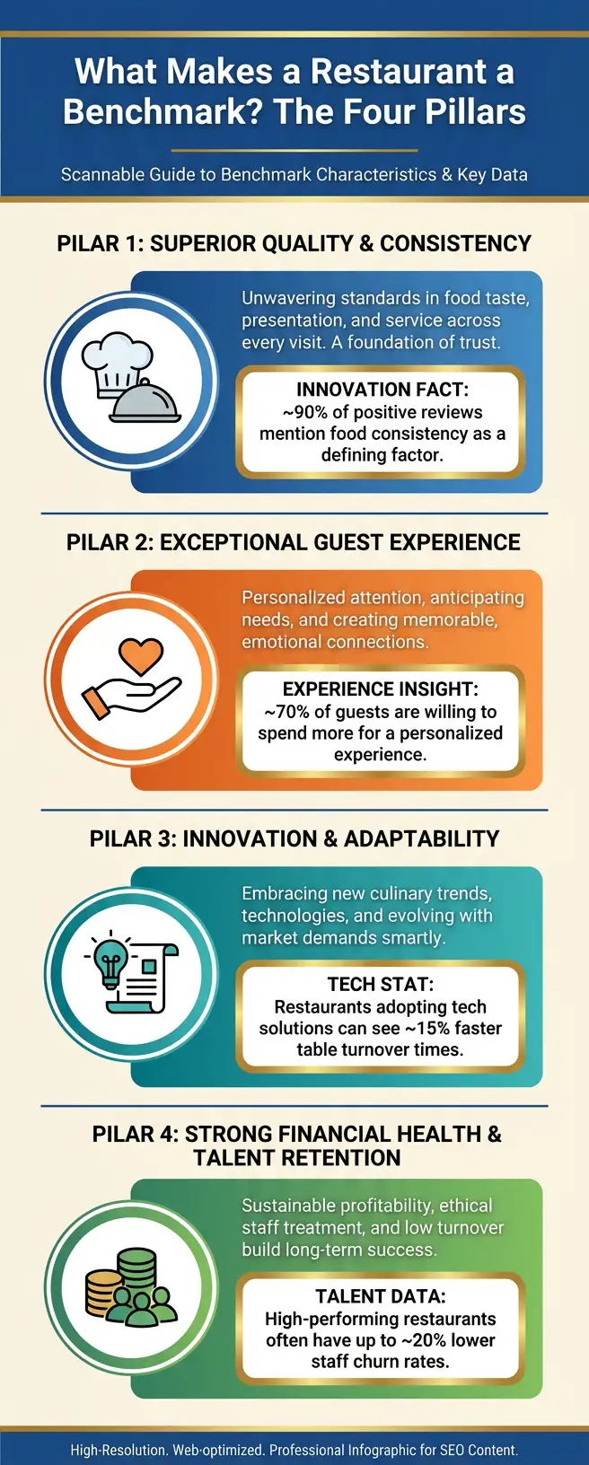 Restaurant benchmarks infographic showing characteristics of benchmark restaurants with food cost under 32% and labour under 32%