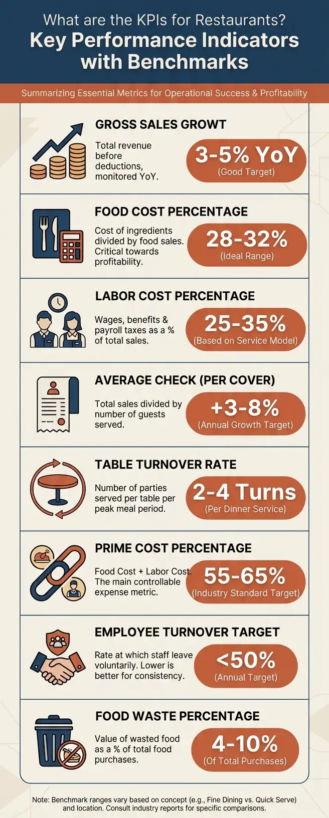 Restaurant KPIs infographic showing food cost 28-35%, labour cost 25-35%, prime cost under 65%, and net profit margin benchmarks