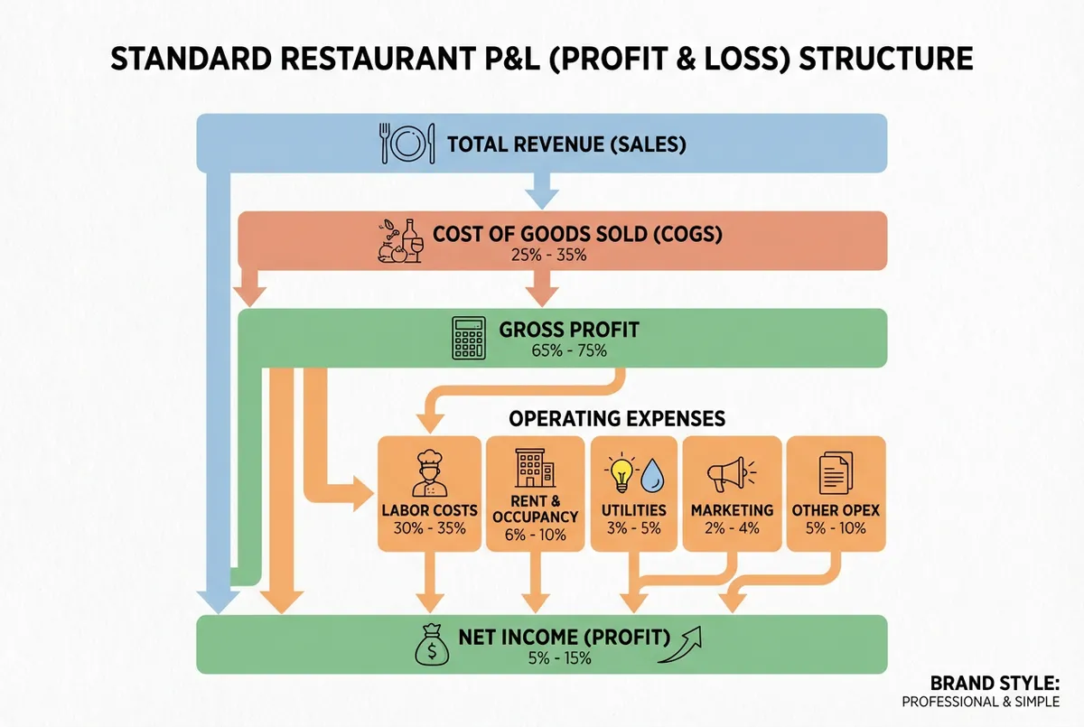 Standard restaurant P&L benchmarks showing cost of goods sold 30-35%, labour 25-35%, net profit 3-9%