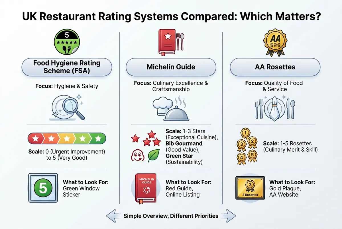 UK restaurant rating benchmarks showing FSA hygiene rating target of 5, Google reviews 4.3+ stars, industry recognition systems