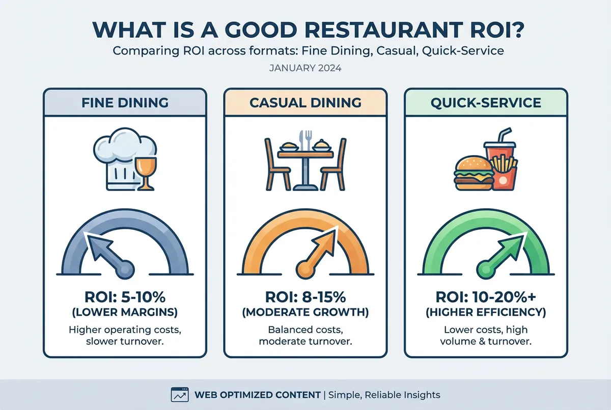 Restaurant ROI benchmarks by format showing fine dining 10-15%, casual 15-20%, quick-service 20-30%
