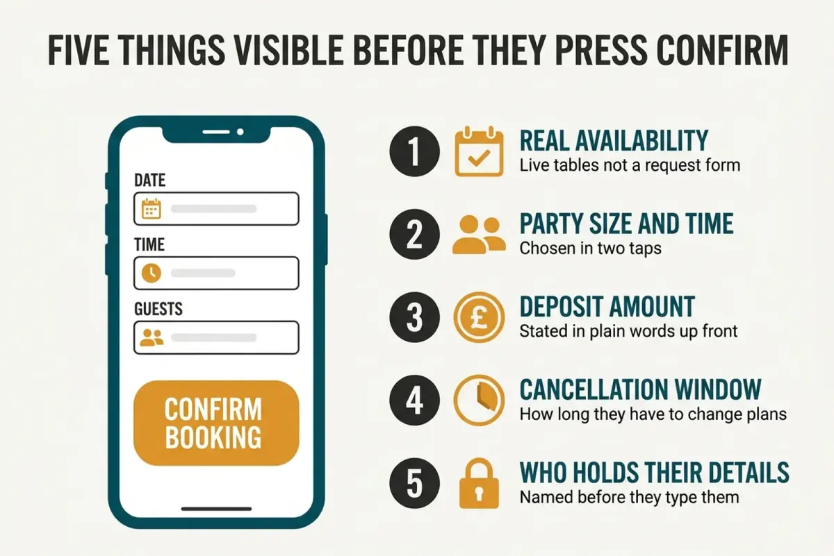 Checklist diagram for a restaurant booking page showing availability, party size, deposit, cancellation window and who holds the guest details before confirming