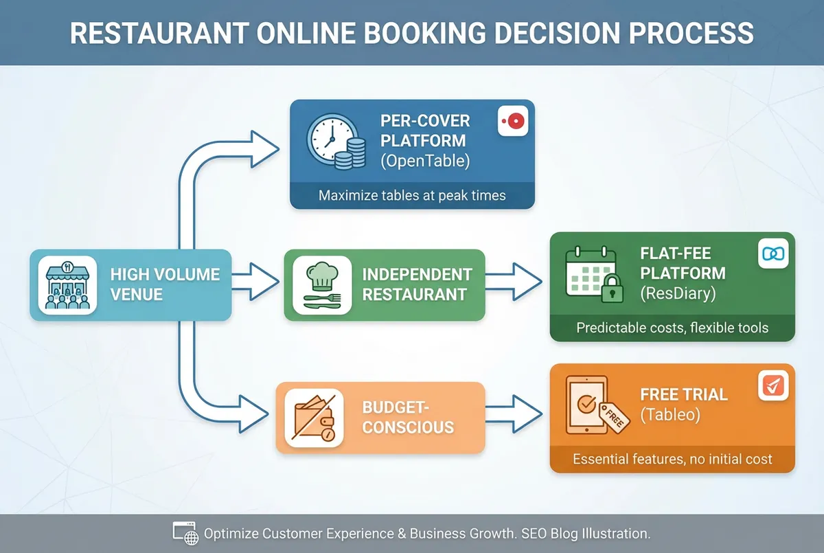 Flowchart showing how to choose the right restaurant booking platform based on venue size and budget
