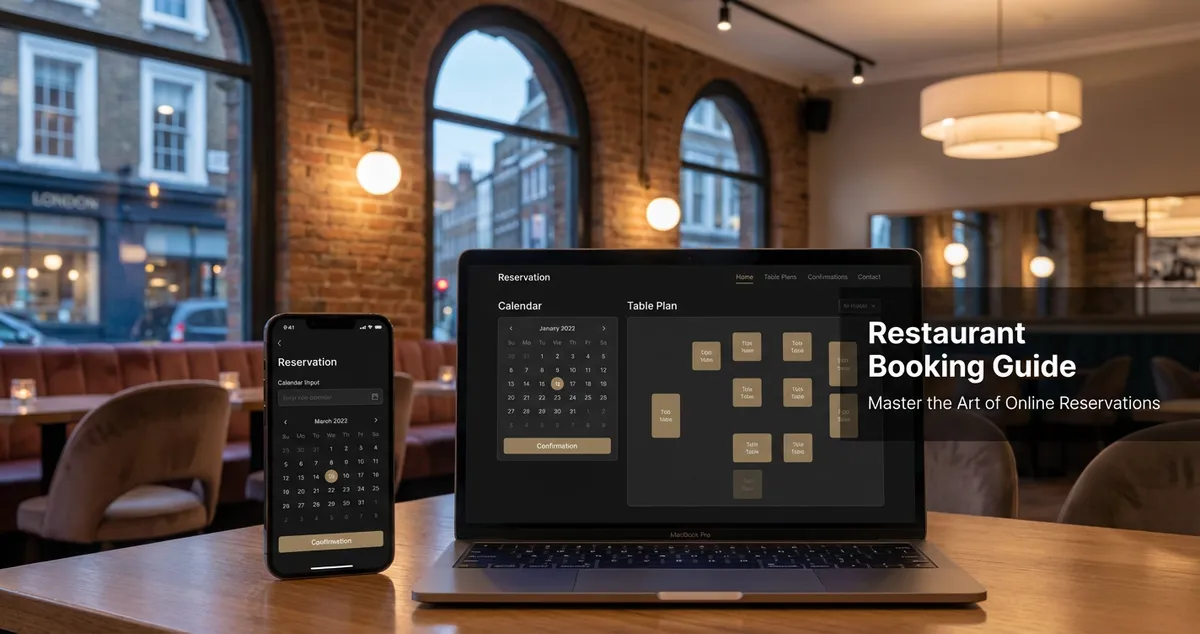 Restaurant booking website interface on smartphone and laptop showing online reservation system