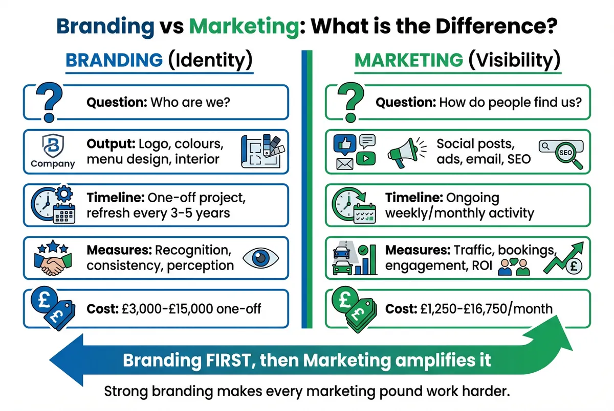 Side-by-side comparison of branding vs marketing showing costs, timelines, and outputs