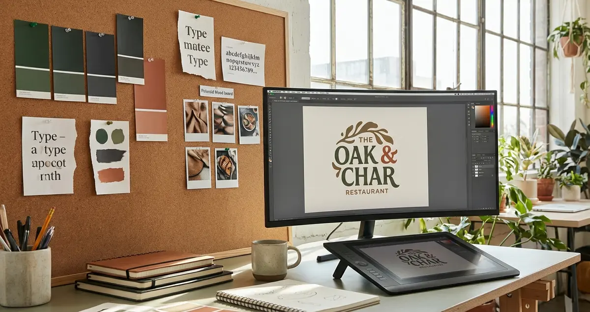 Agency workspace with restaurant brand mood boards, colour swatches, and menu mockups