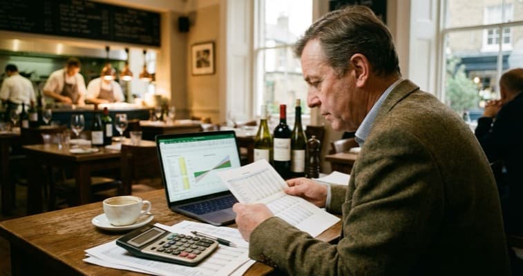 Restaurant owner analysing break even point on a financial spreadsheet