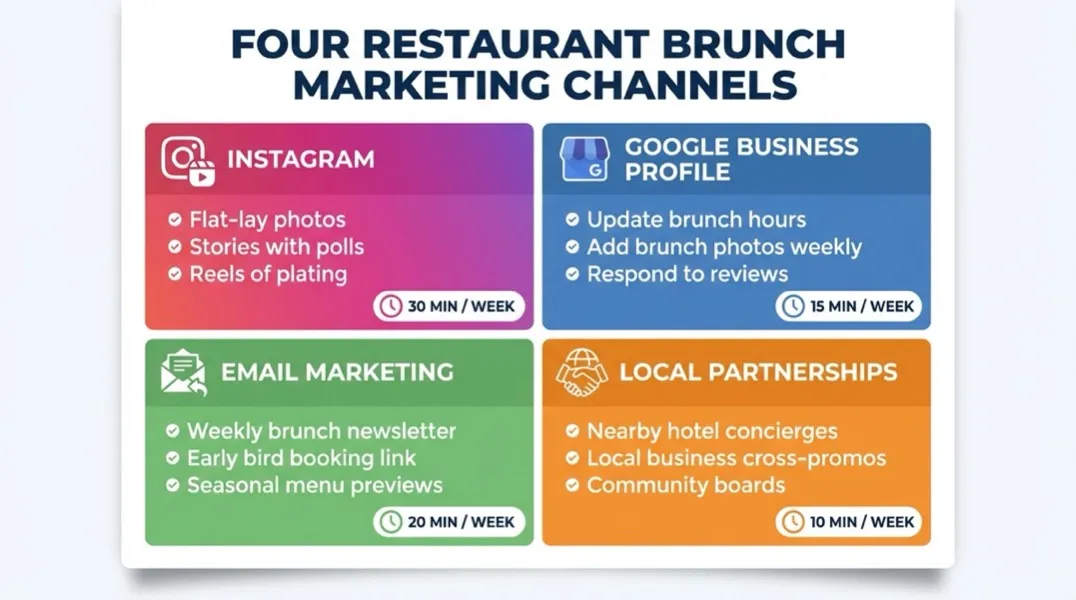 Restaurant brunch marketing channel diagram showing how to use Instagram, Google Business Profile, email and local partnerships each week