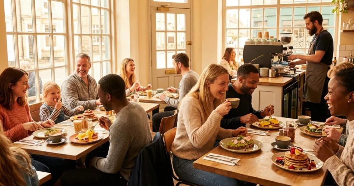 Guests enjoying a busy weekend brunch at an independent UK restaurant with colourful plates and coffee