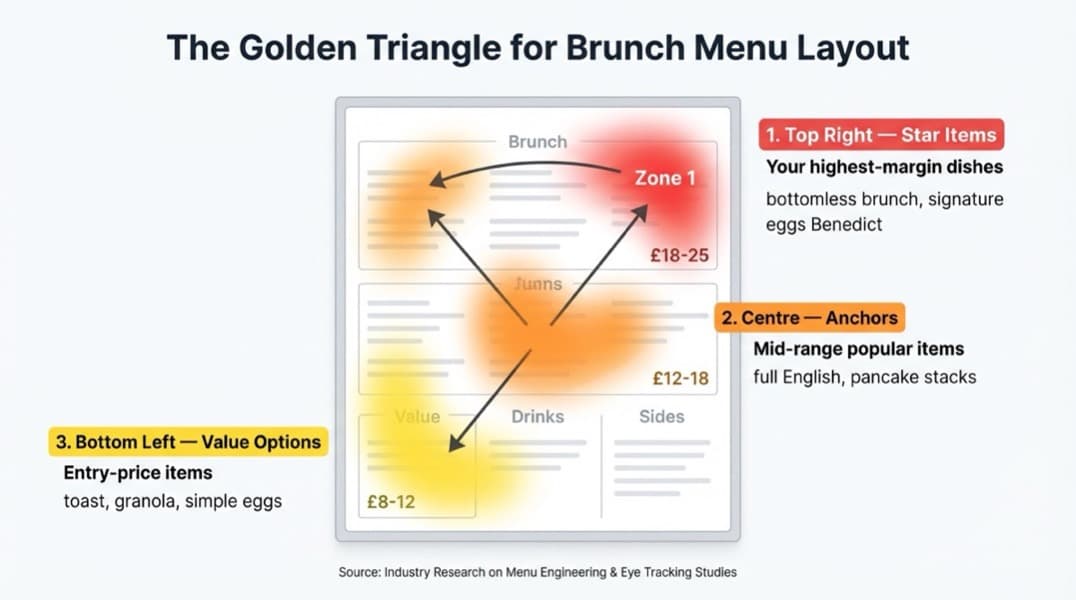 Restaurant brunch menus layout diagram showing golden triangle eye movement and category placement