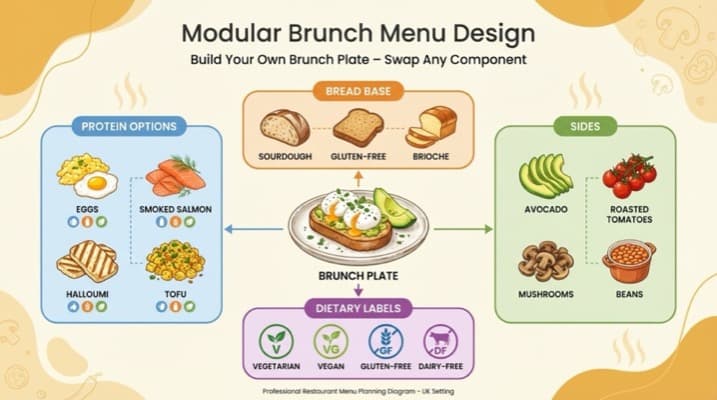 Modular brunch dish diagram showing swappable components for dietary accommodations