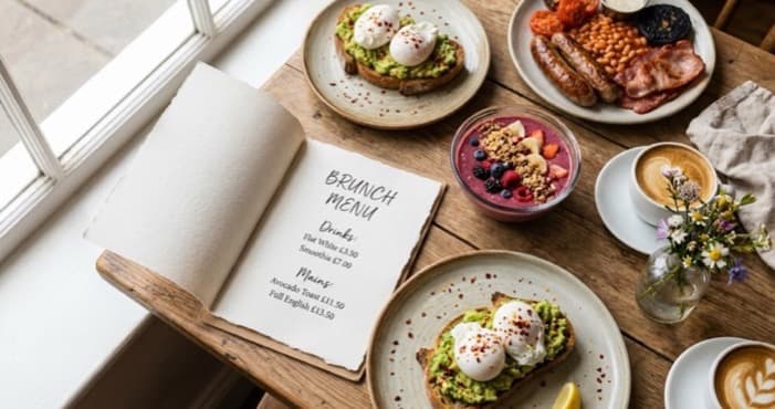 Stylish restaurant brunch menu layout with brunch dishes and coffee