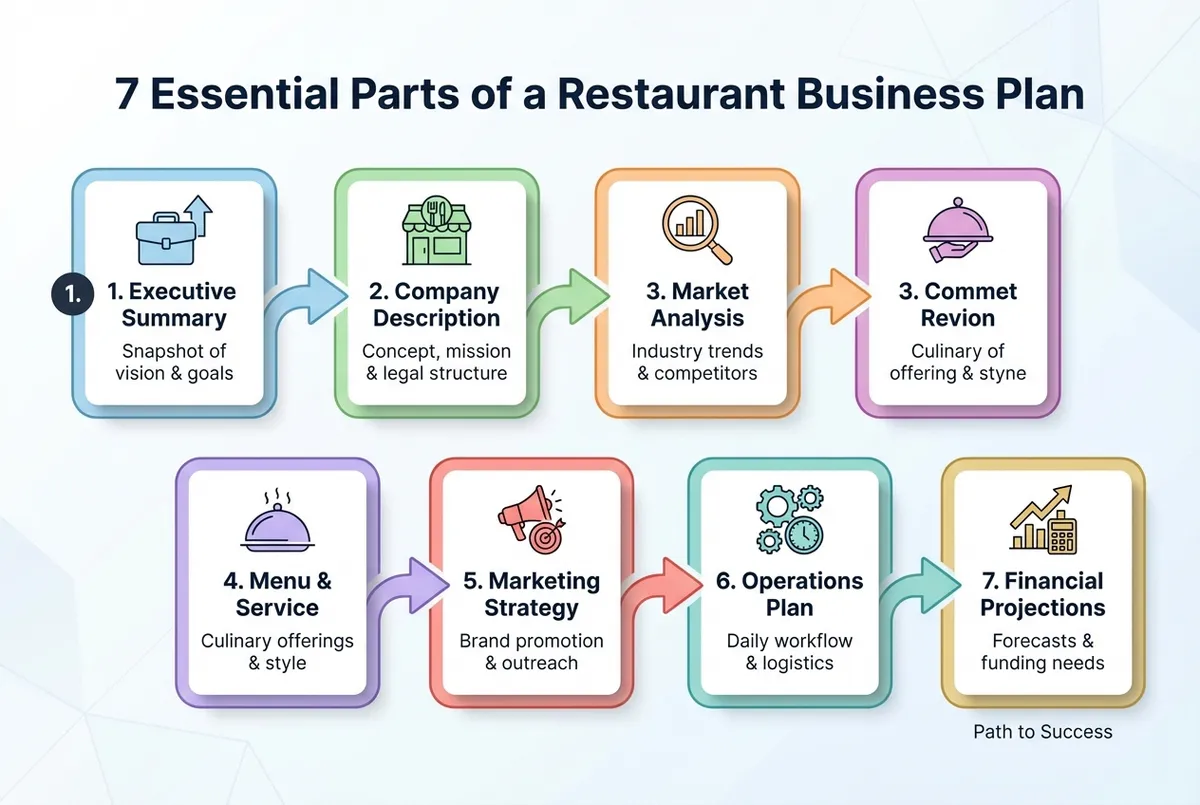 Diagram showing the 7 essential parts of a restaurant business plan
