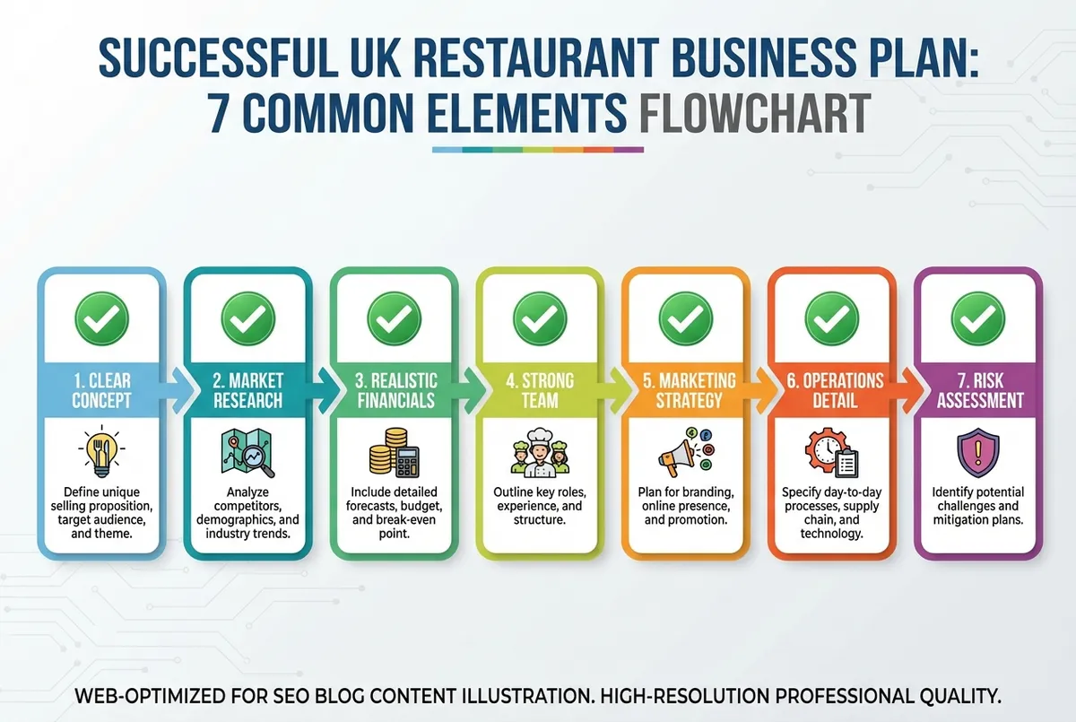 Diagram showing the 7 common elements in successful UK restaurant business plans