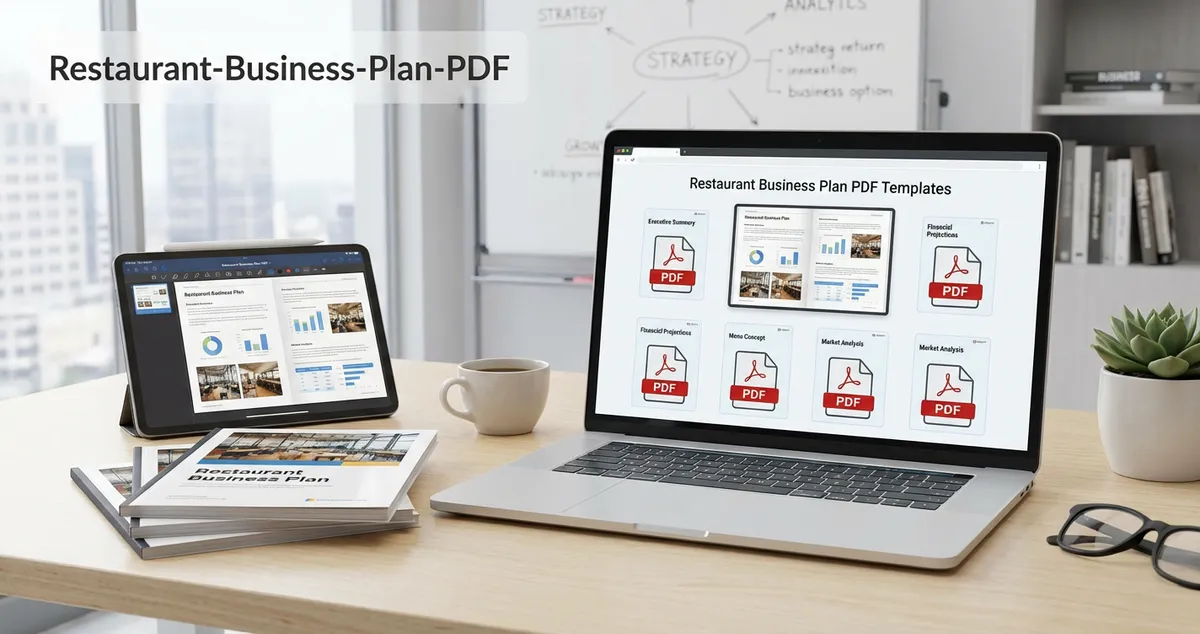 Restaurant business plan PDF templates on laptop screen