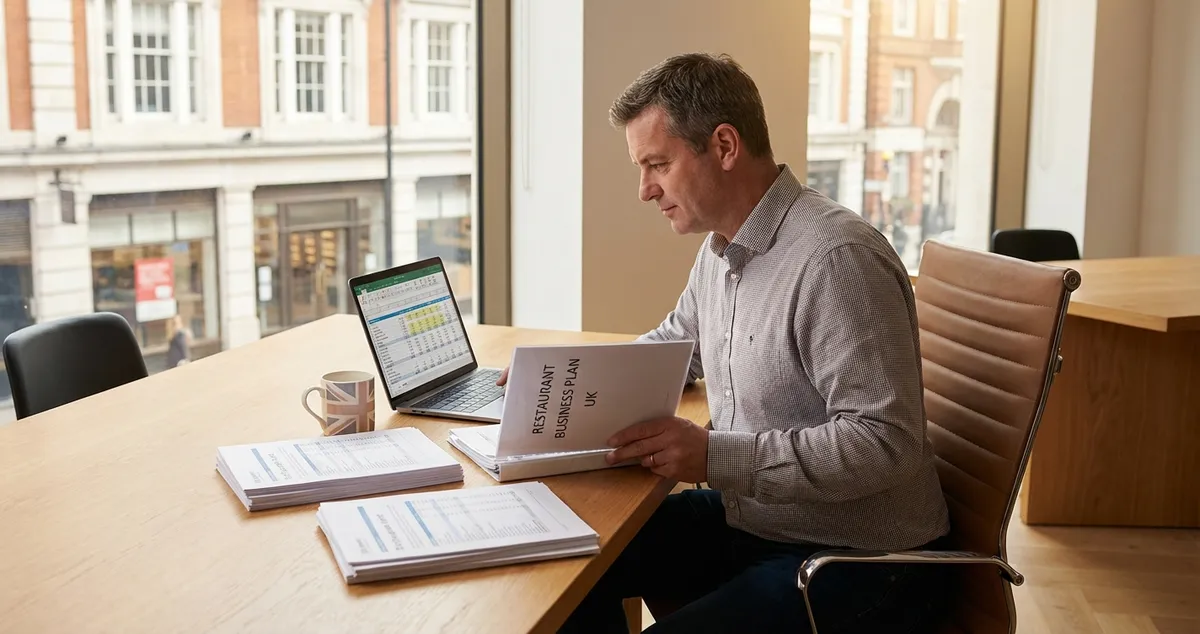 UK restaurant owner reviewing business plan with financial documents and laptop