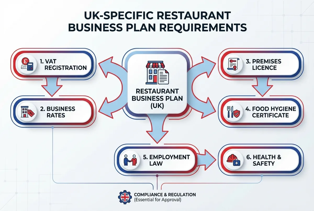Diagram showing UK-specific business plan requirements including VAT, licensing, and business rates