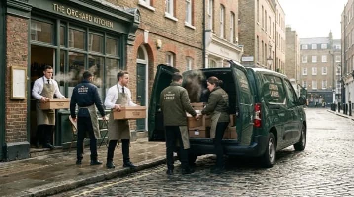 UK restaurant catering team loading branded catering boxes into a delivery van