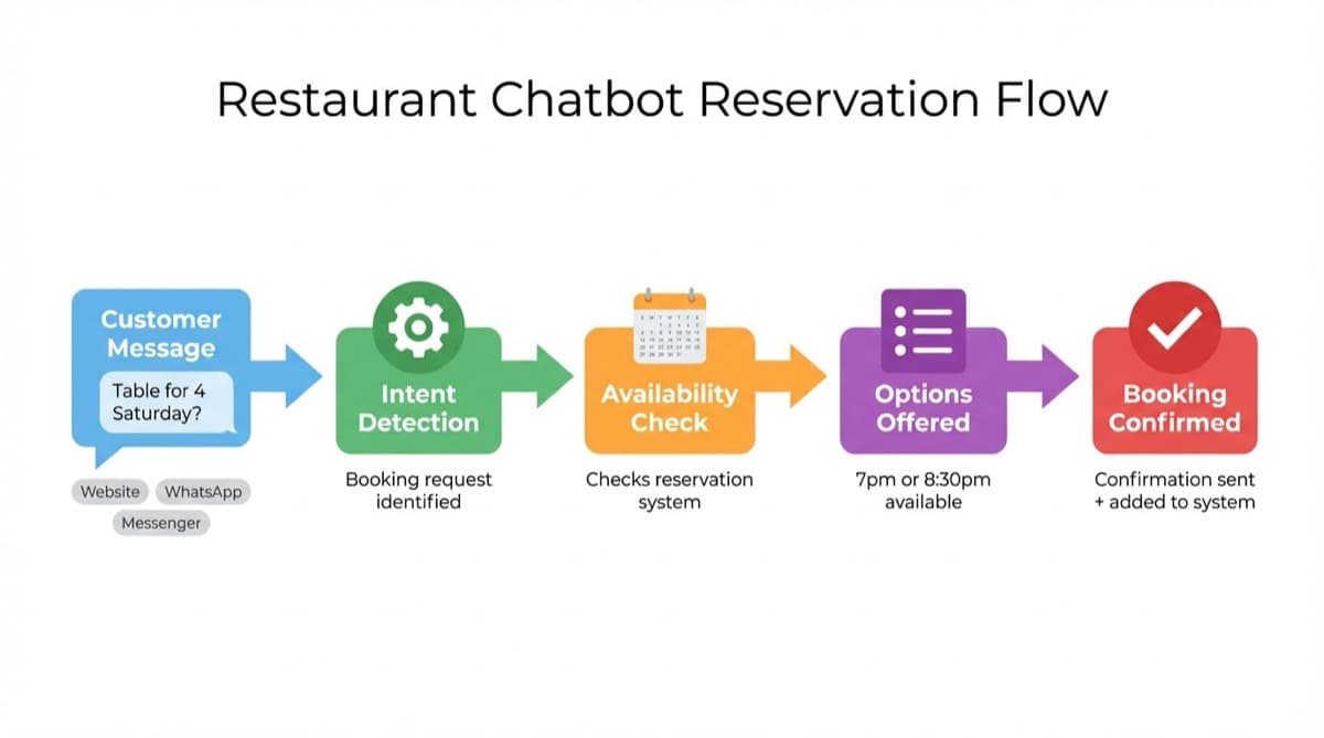Restaurant chatbot reservation flow from initial message to booking confirmation