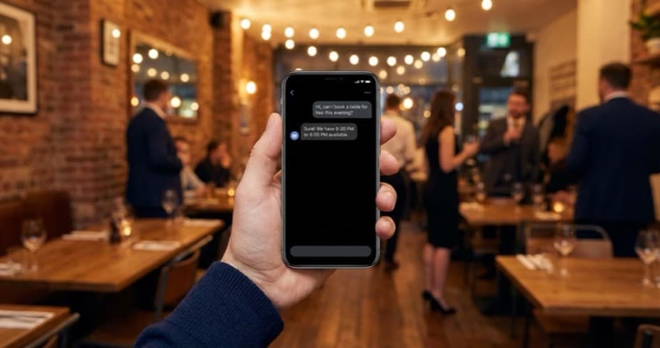 Restaurant chatbot handling a booking enquiry on a smartphone screen