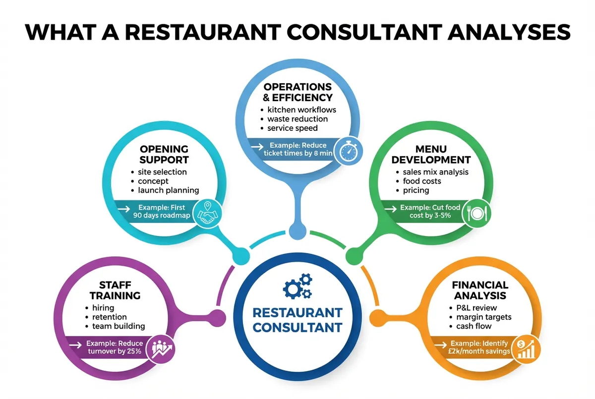 Hub diagram showing five core consulting functions with descriptions and impact examples