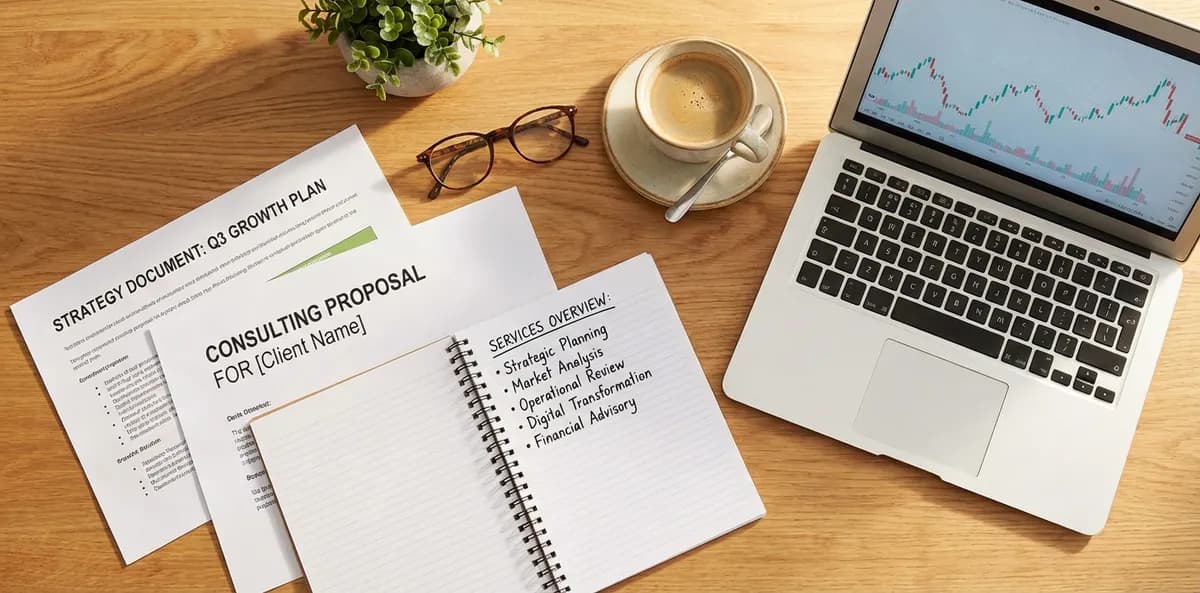 Restaurant consultant services overview with strategy documents on a desk