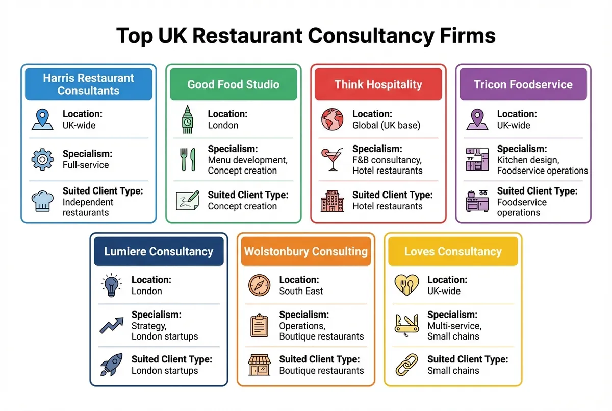 Diagram showing seven top UK restaurant consultancy firms with location, specialism, and client type