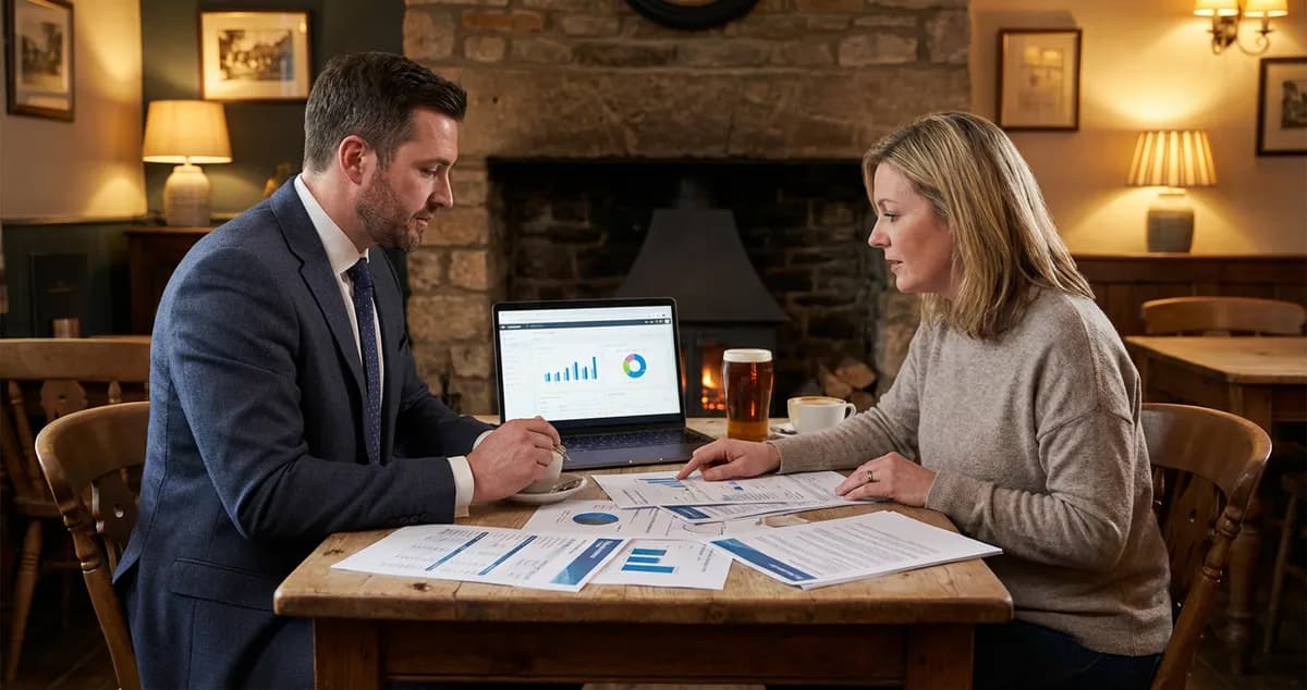 UK restaurant consultant reviewing business performance data with an independent owner