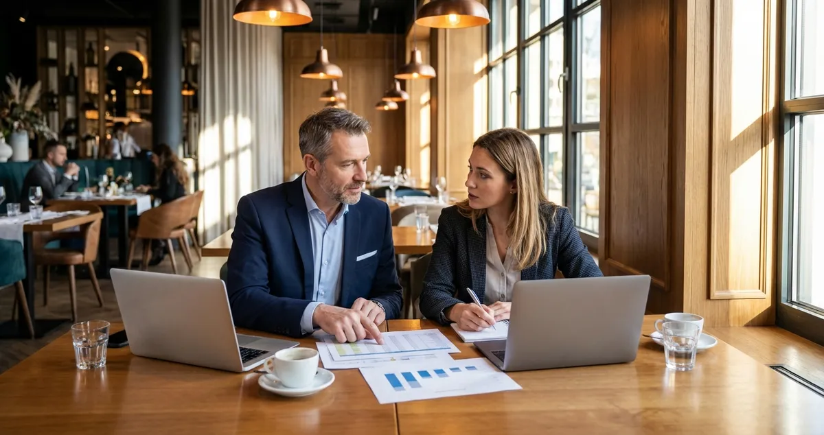 Restaurant owner sitting with a consultant reviewing business plans at a table