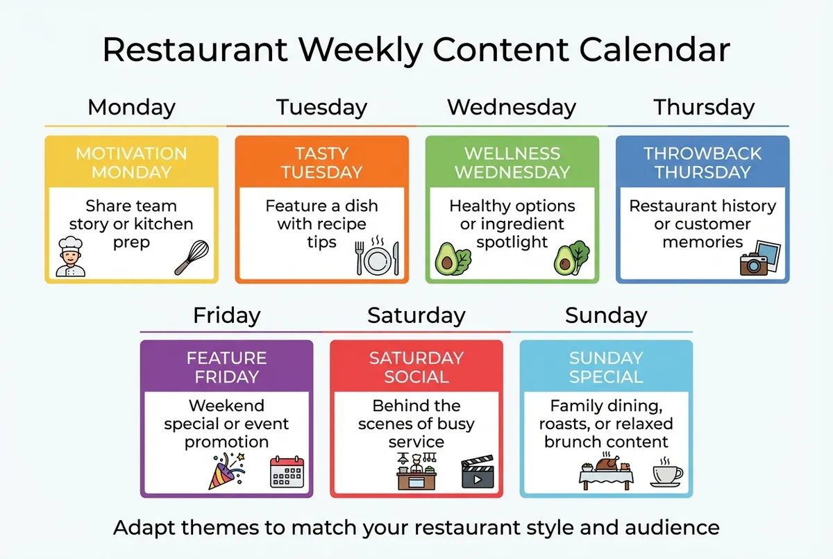 Weekly content calendar template showing themed days for restaurant social media