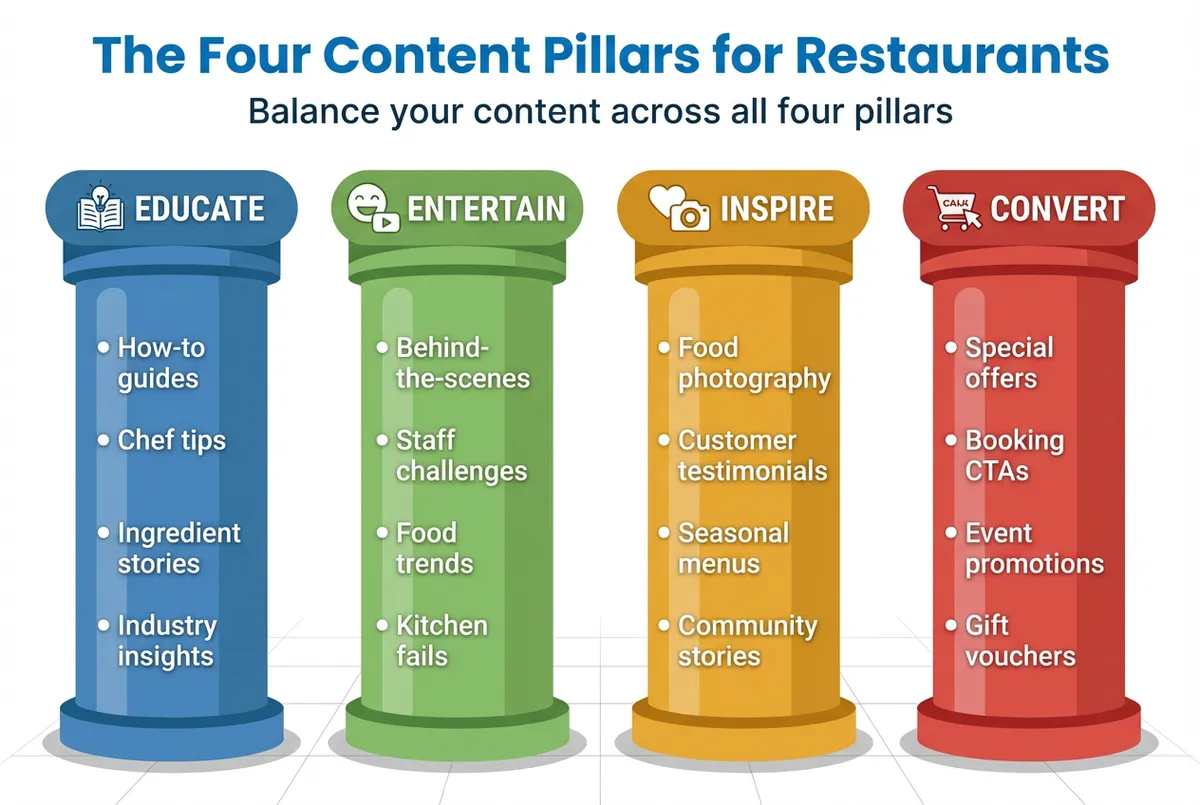 Infographic showing the four content pillars for restaurant marketing