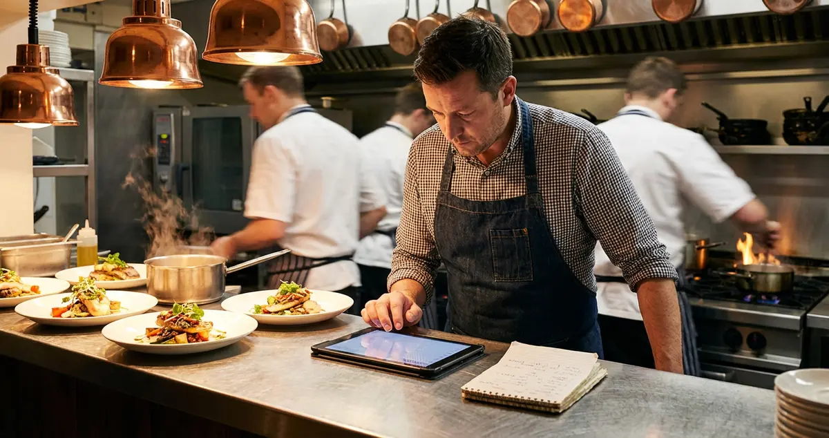 Restaurant owner planning content marketing strategy on tablet in a busy kitchen