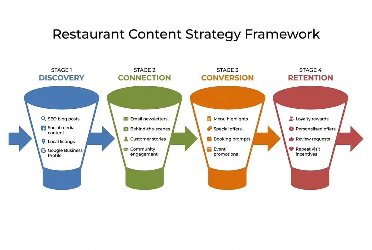 Diagram showing four pillars of restaurant content strategy: Discovery, Connection, Conversion, Retention