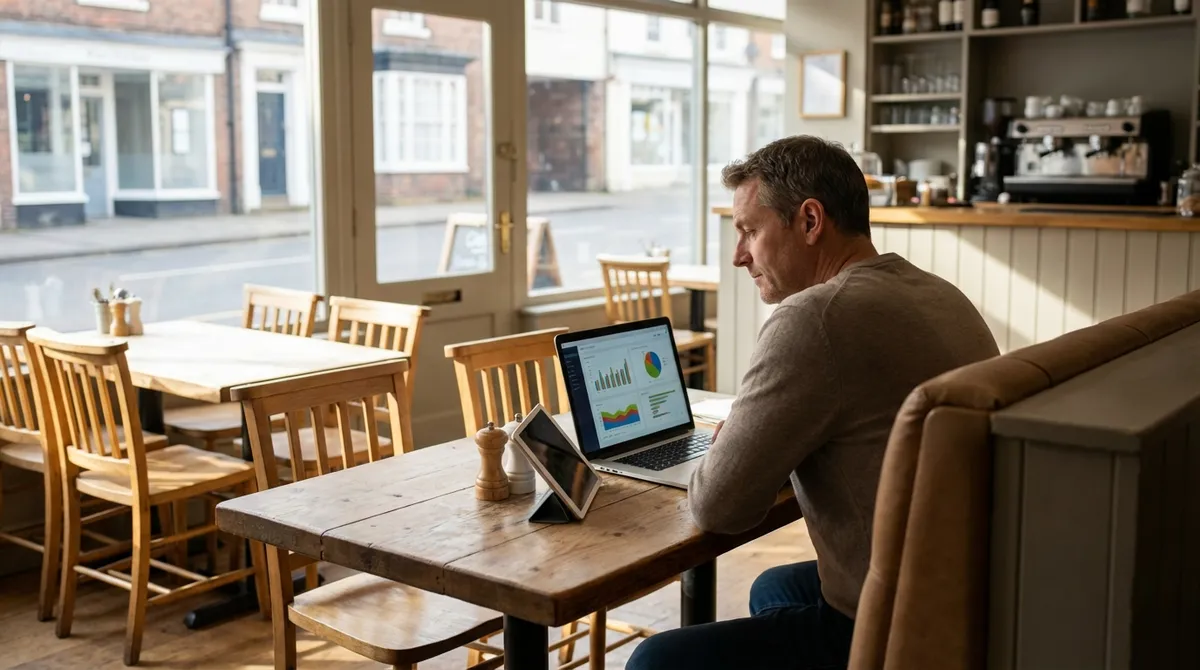 Restaurant owner planning content on tablet while taking a break in their establishment