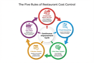 Circular process diagram showing the five rules of restaurant cost control