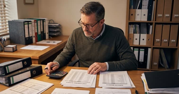 Restaurant owner reviewing cost reports and supplier invoices at a desk