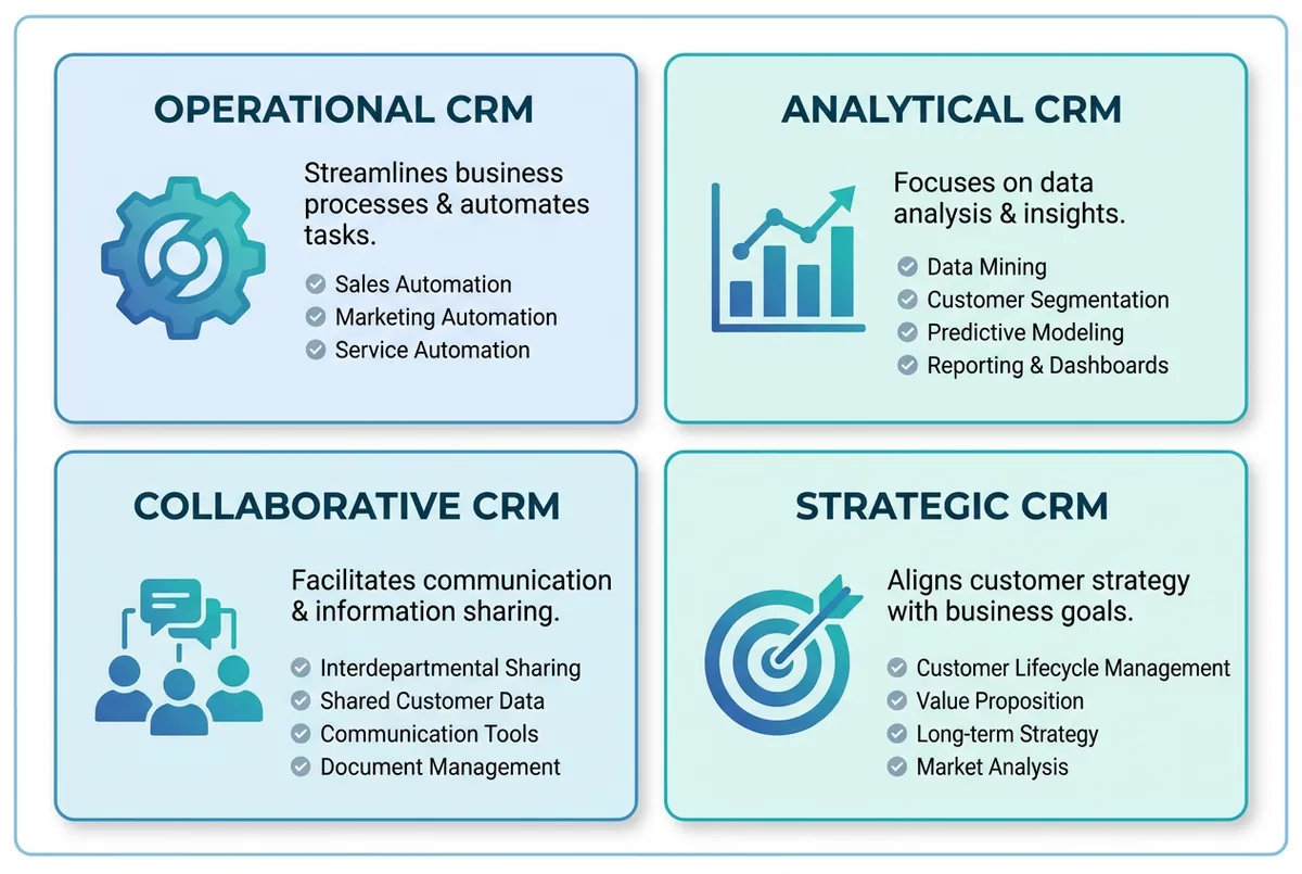Four types of restaurant CRM systems diagram showing operational, analytical, collaborative, and strategic approaches