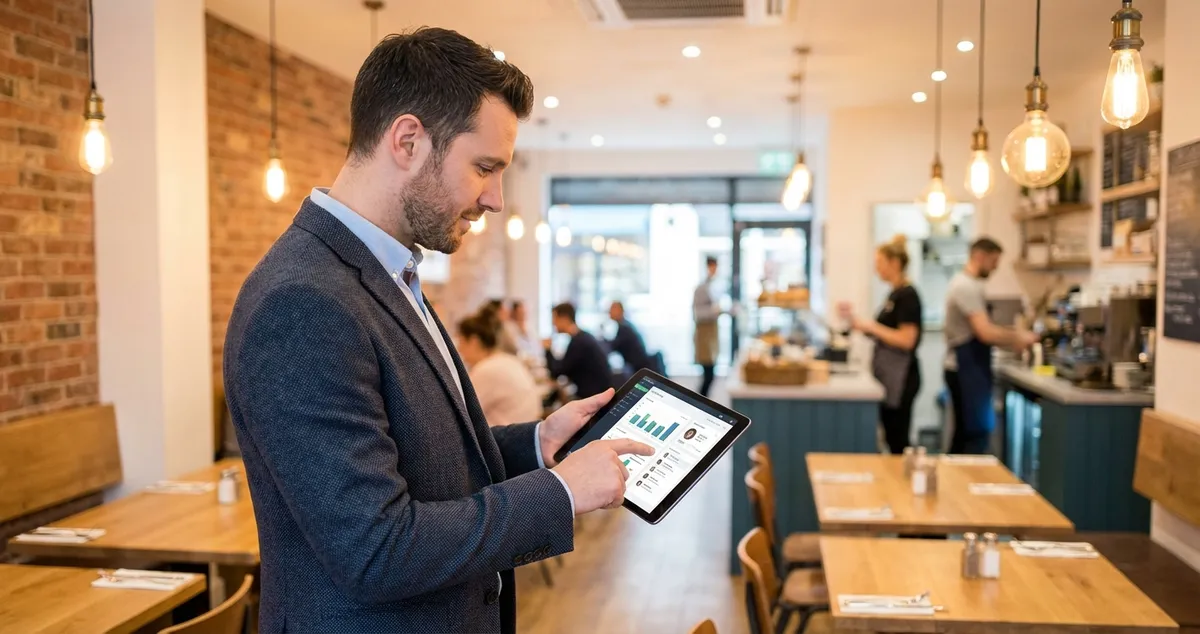 Restaurant owner checking CRM software on tablet showing customer visit history and loyalty data