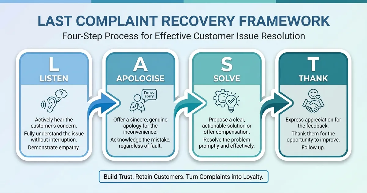 LAST complaint recovery framework showing Listen Apologise Solve Thank steps