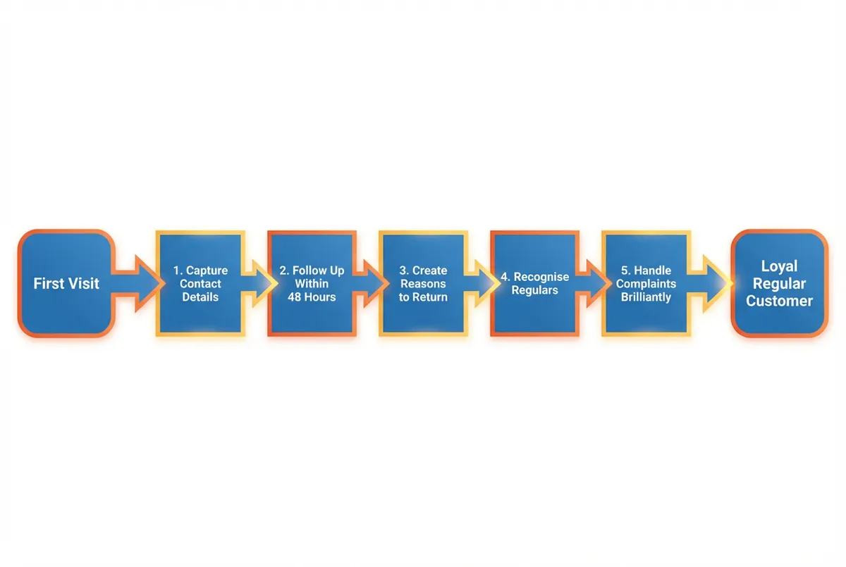 Flowchart showing restaurant customer retention strategies from first visit to loyal regular